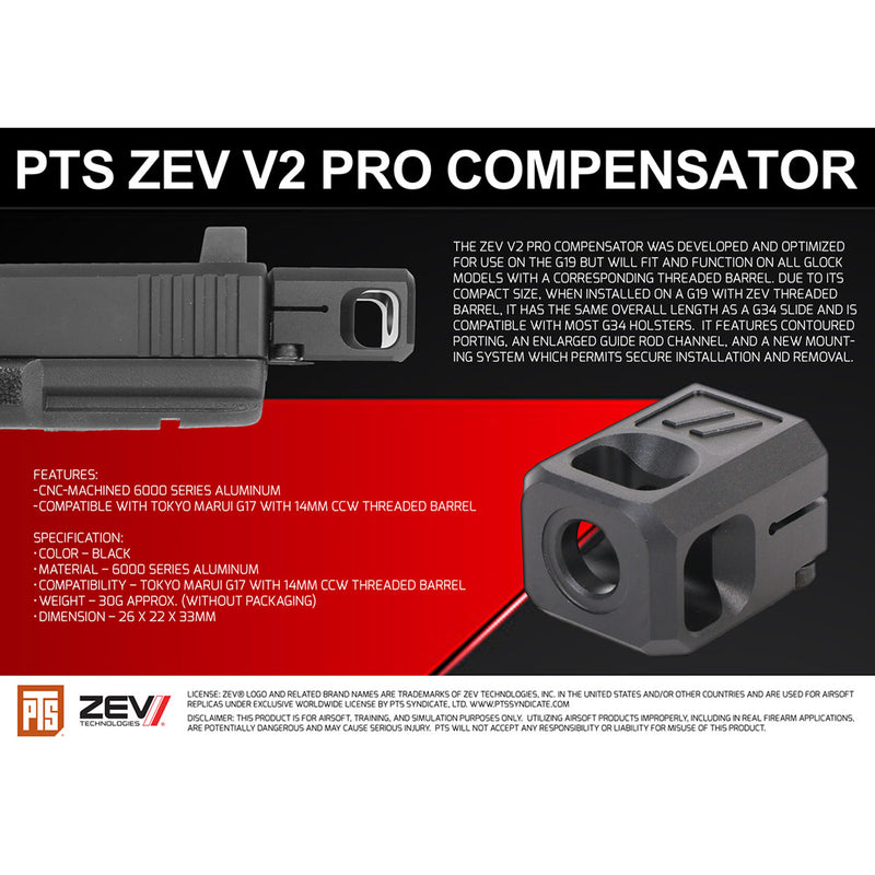 ZEV V2 PRO Compensator for Gas Blowback Airsoft Pistols by PTS