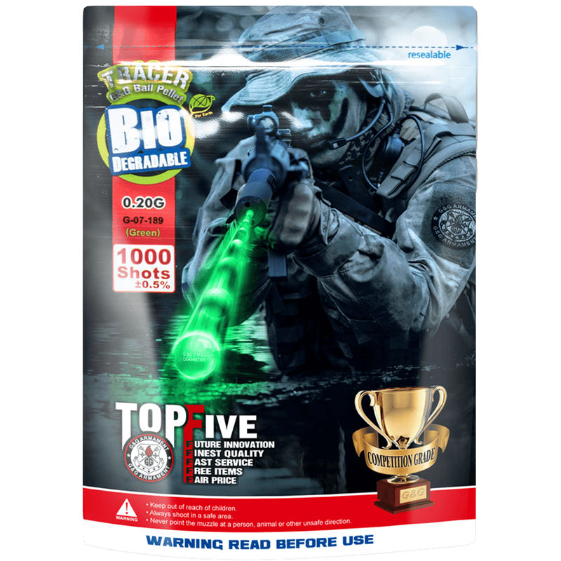 G&G 1000rd Biodegradable 6mm .20g Green Airsoft Tracer BBs