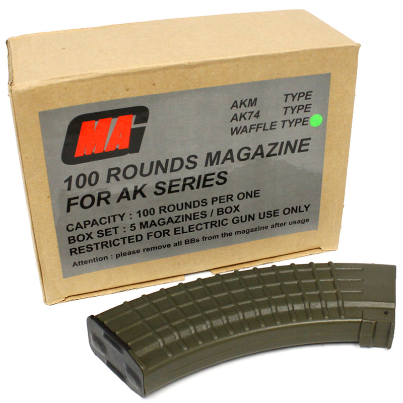 MAG 100 Round AK47 Mid-Cap Waffle Magazine - Set of 5 OD Green