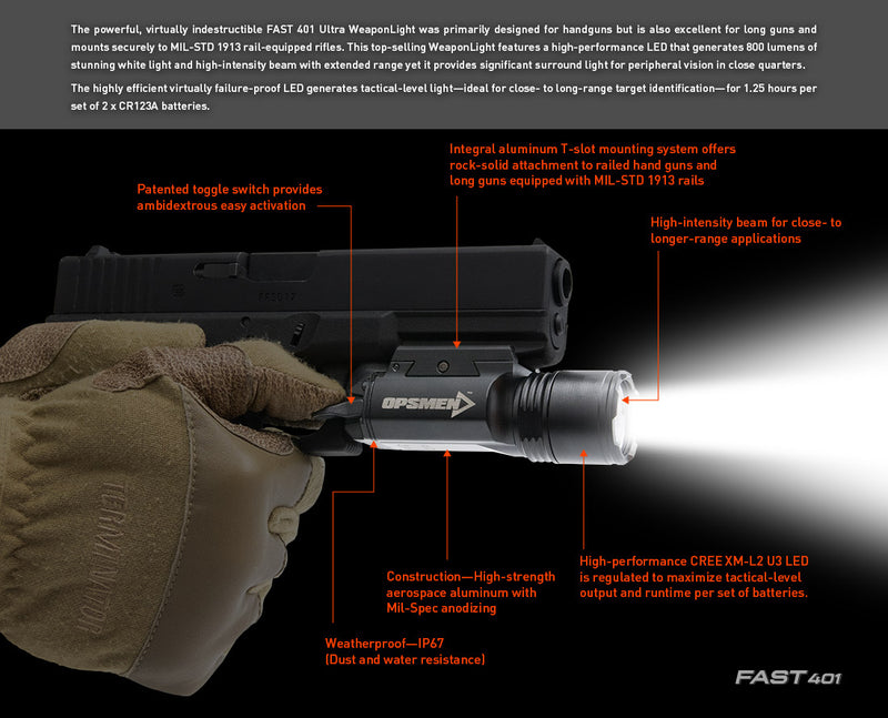 OPSMEN FAST 401 800 Lumen Ultra High Output LED Tactical Pistol Light