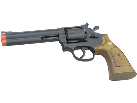 TSD 6 inch Airsoft Spring Powered Revolver - Black with Wood Grip